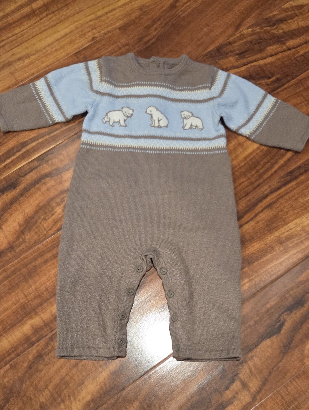Janie and Jack EUC Tan/Blue Polar Bear One-Piece Sweater Romper